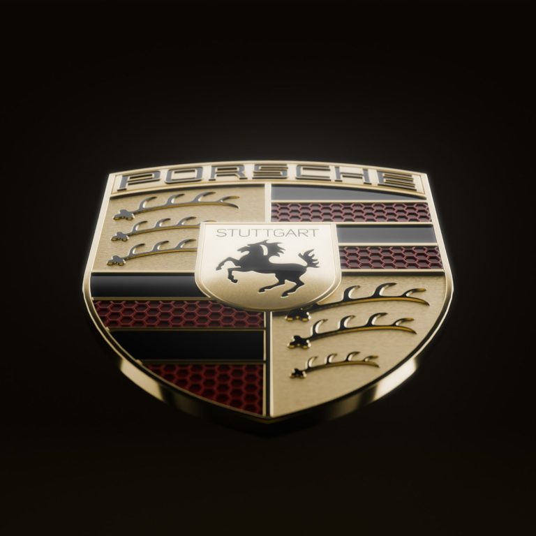 Porsche Logo mit einem stilisierten Pferd und diagonalen Streifen in Rot und Schwarz.