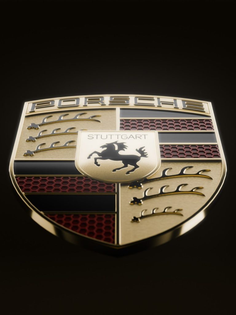 Porsche Logo mit Pferd und markanten Designelementen in Schwarz, Rot und Gold. 3D Render.