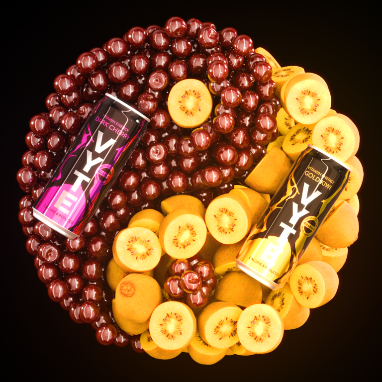 3D Render von zwei Energydrink Dosen von Vyte die auf einem Ying und Yang Symbol aus den Früchten liegen