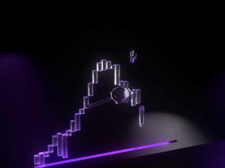 Abstrakte Darstellung eines Diagrams in Glas, lila und Schwarz, mit Lichtakzenten. 3D Visualisiert.