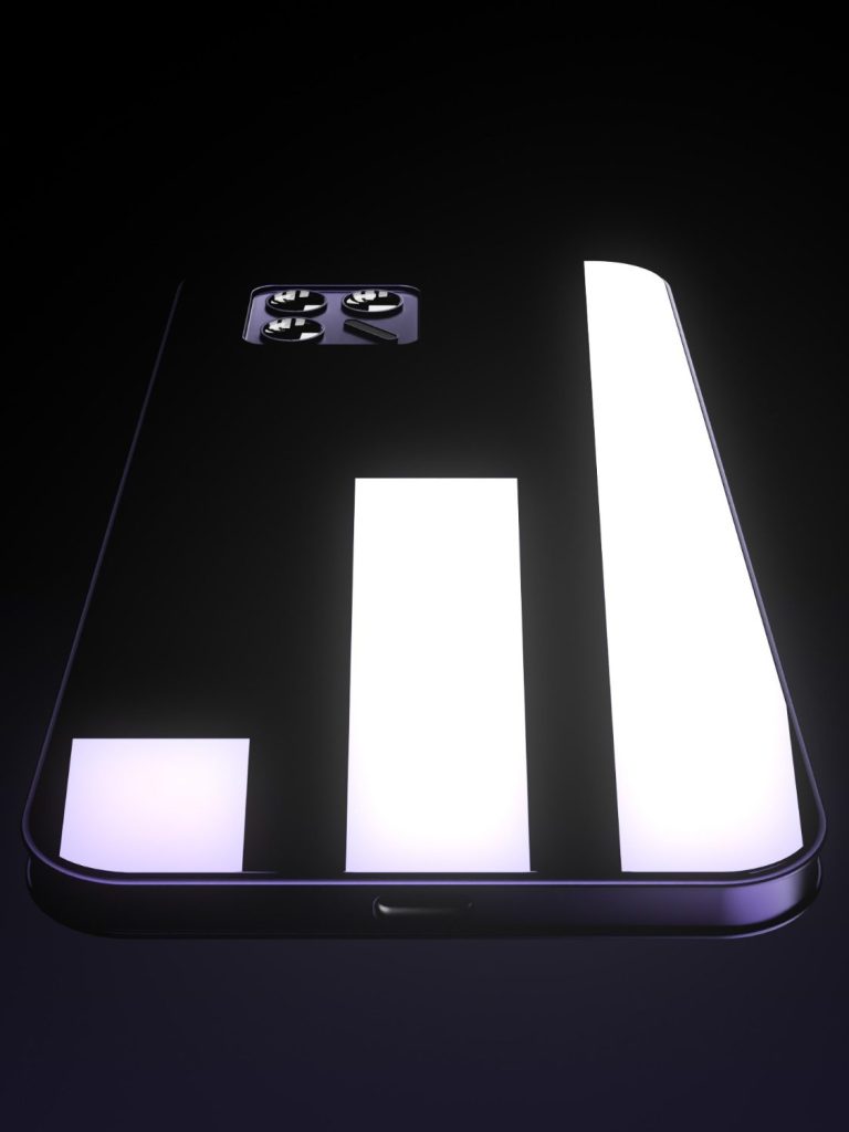 Schwarz-weißes Smartphone mit leuchtenden Balkendiagrammen auf der Rückseite. 3D Visualisiert.