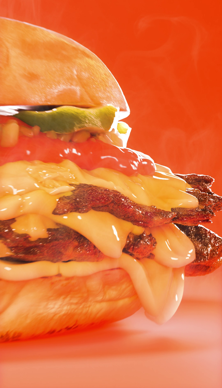 3D Render eines saftigen Smash Burgers in orangener Umgebung