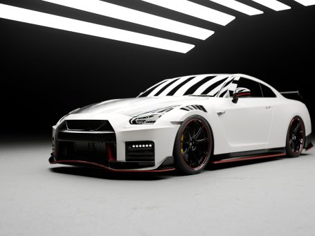 Weißer Sportwagen Nissan GT-R mit schwarzem Akzent in einem modernen Ausstellungsraum. 3D Render.