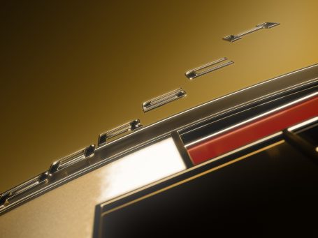 Detaillierte Aufnahme von metallische Porsche Logo auf einer goldenen Oberfläche. 3D Render.