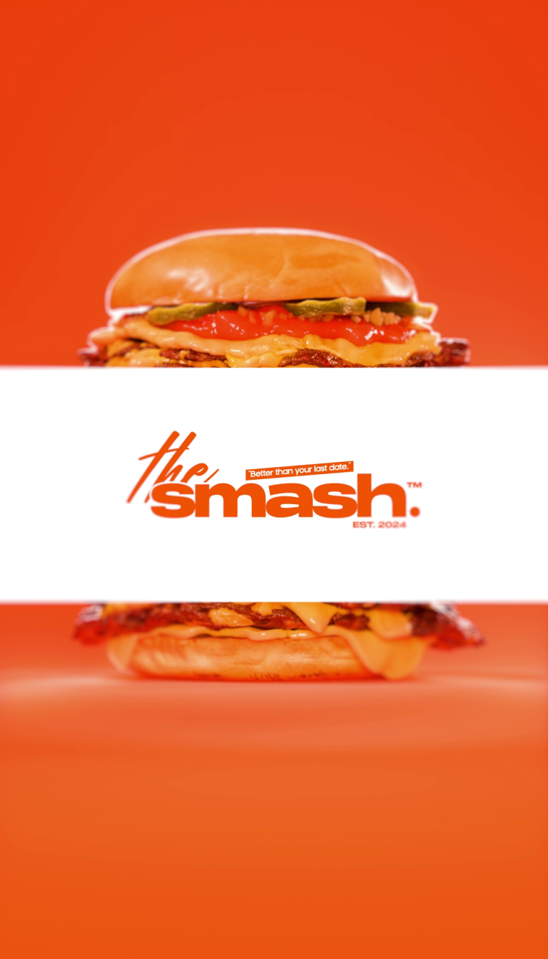 3D Render eines saftigen Smash Burgers in orangener Umgebung mit the Logo des Burgerlandes the Smash in der Mitte