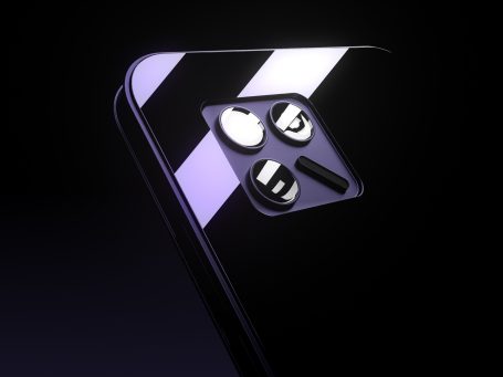 Smartphone mit drei Kameras auf der Rückseite, in schimmerndem Schwarz. 3D visualisiert.