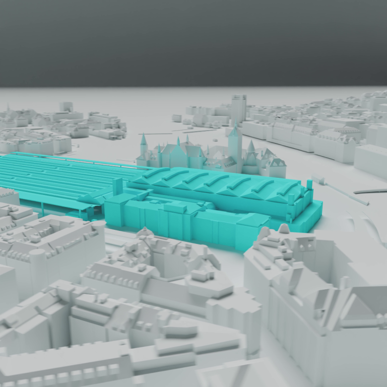 Der Zuericher Haupfbahnhof und Umgebung stilisiert als 3D render dargestellt