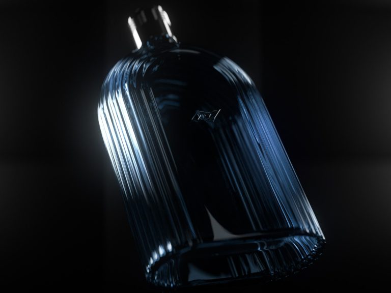 Dunkle Parfüm Glasflasche mit geriffeltem Design, schwebend vor einem schwarzen Hintergrund. 3D Render.