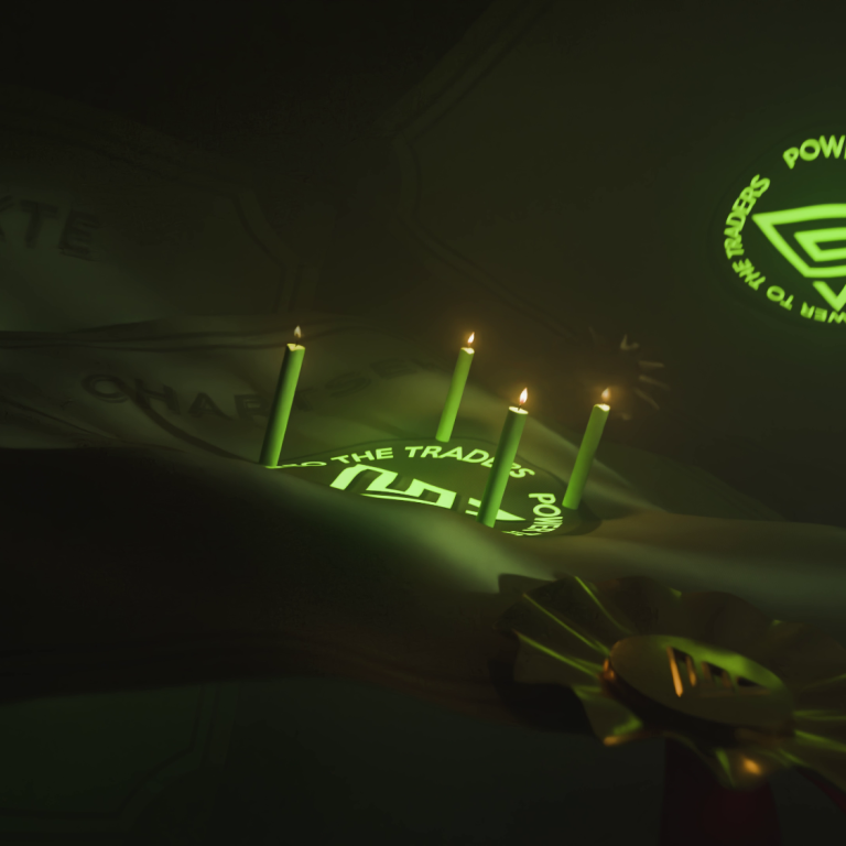 3D render von stilisierten Aktien auf denen Kerzen stehen in deren mitte das Chartsekte Logo zu sehen ist