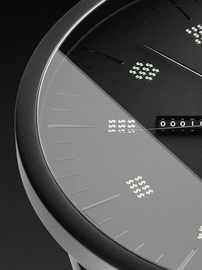 Moderne Uhr mit einem halb schwarzen und halb grauen Ziffernblatt. 3D Visualisiert.