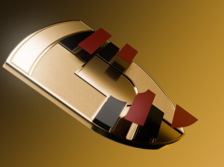 Porsche Logo mit roten und schwarzen Elementen auf einem gelben Hintergrund. 3D Visualisiert.