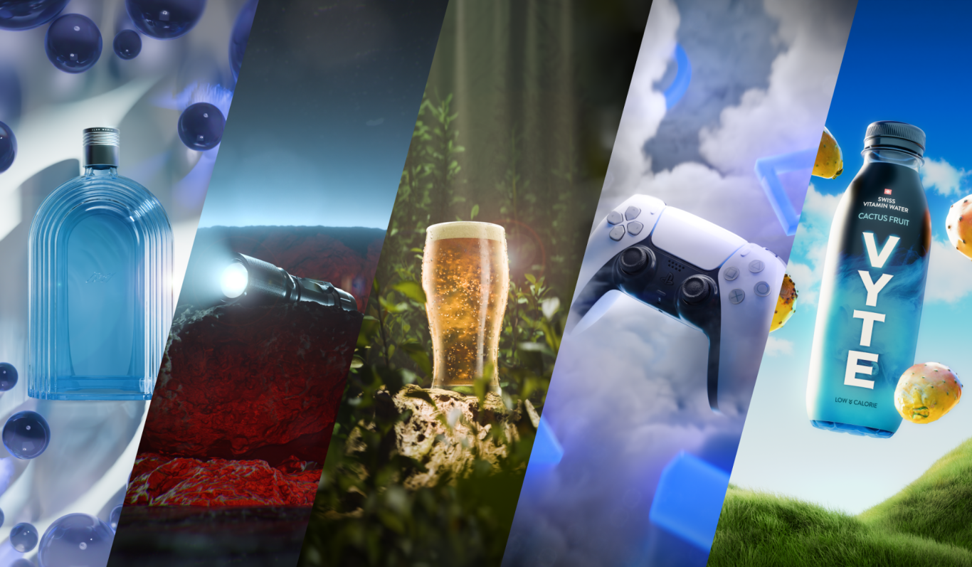 Verschiedene Produkte: Parfüm, Bier, Controller, Getränkeflasche in bunten Hintergründen. Als 3D Render.