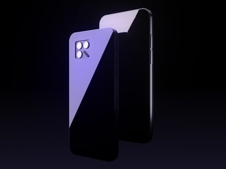 Zwei Smartphones mit einem glänzenden, schimmernden Design auf schwarzem Hintergrund. 3D Visualisiert.