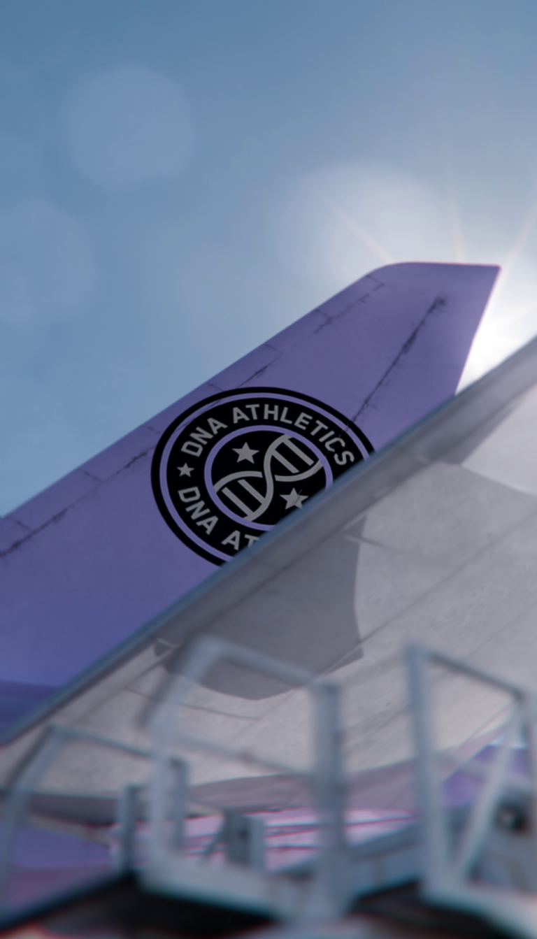 3D Render eines Flugzeugs auf dessen Heck das Logo des Icon League Teams DNA Athletics zu sehen ist